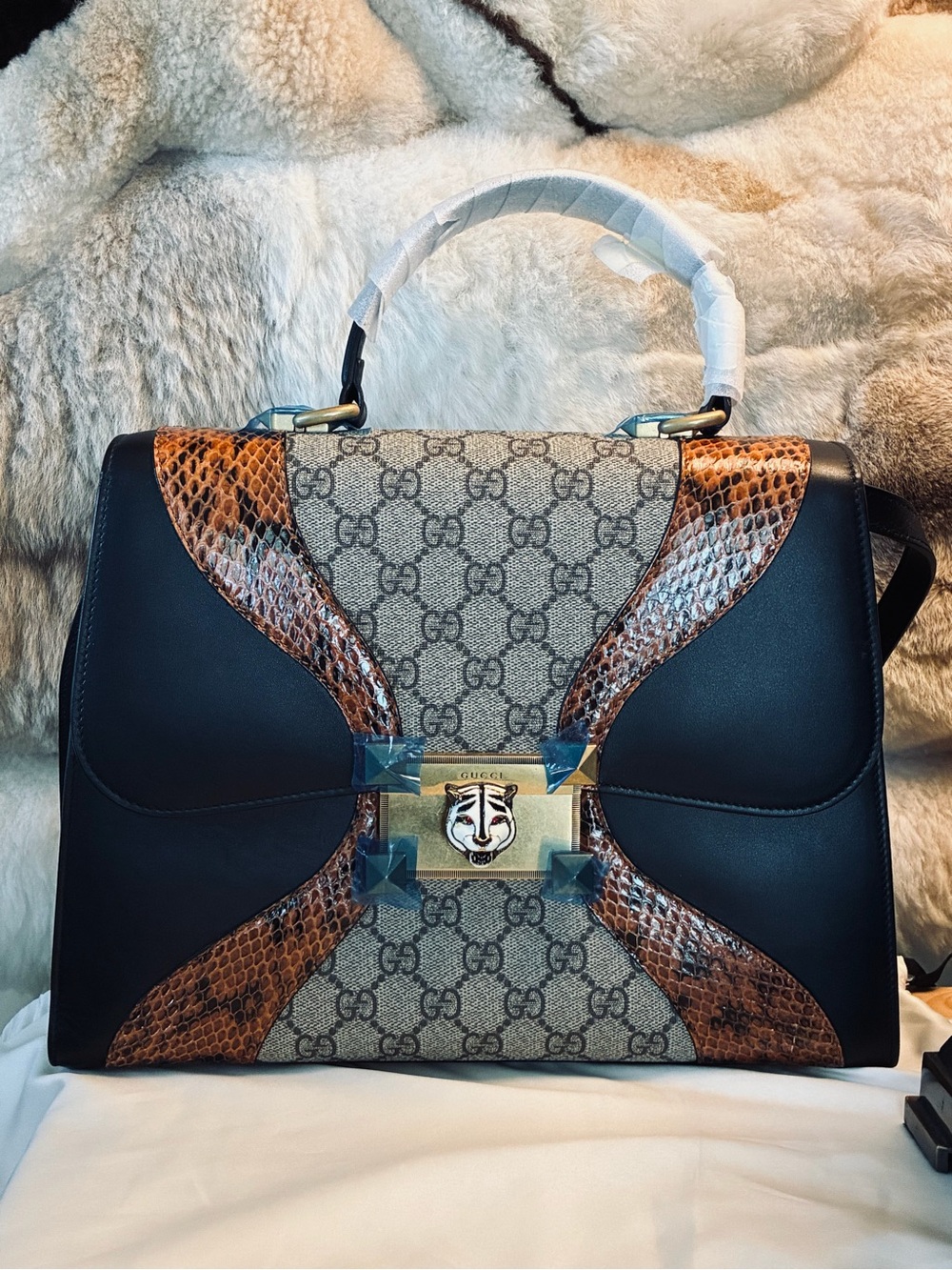 Gucci Black, Brown & Beige GG Canvas Top Handle Satchel